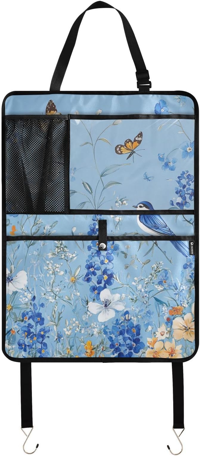Light Blue Floral Bluebonnet Butterflies 2 Pack Backseat Car Organizer with Storage Pockets Seat Back Organizers for Kids Kick Mats Backseat Protector Automotive