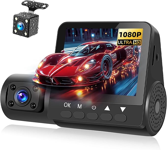 3 Channel Dash Cam 1080P Front and Rear Dash Camera for Cars Mini Dashcam Night Vision, Loop Recording, 24H Parking Mode, Waterproof