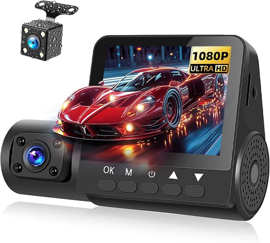 3 Channel Dash Cam 1080P Front and Rear Dash Camera for Cars Mini Dashcam Night Vision, Loop Recording, 24H Parking Mode, Waterproof