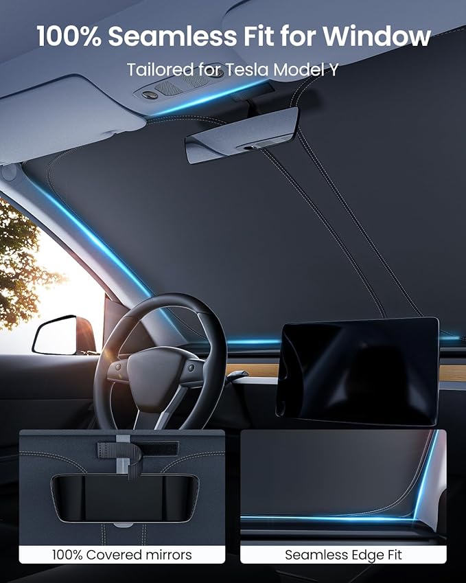 REEVAA Upgraded for Tesla New Model Y 2016-2026 (Juniper) Windshield Sunshade [Tailored Fit, 99% Sun Protection] Foldable Sun Shade Car Accessories with Storage Bag