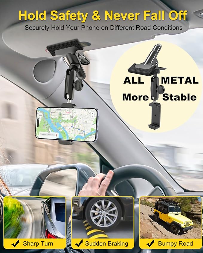 Sun Visor Car Phone Mount, Upgraded Durable All Metal - Cell Phone Holder for Car Visor, 360° Adjustable Steering Wheel Clip for iPhone 16 15 14 13 Pro Max, Glalaxy S A Serie, Z Flip,4-7" Phone