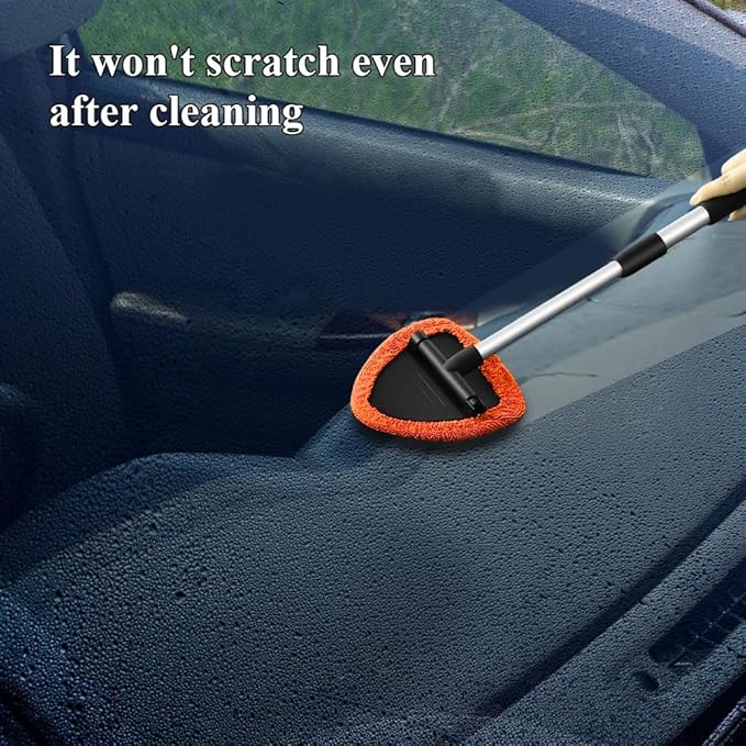 Windshield Cleaning Tool, Car Window Cleaner, Windshield Cleaner with 4 Washable Reusable Microfiber Pads and Extendable Handle, Auto Glass Wiper Cleaning Kit Universal for Car (Orange)