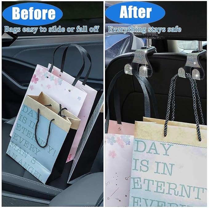 MTGOCHA Car Headrest Hooks Bling, 2 in 1 Purse Hook for Car Seat Hooks Rhinestone Purse Hangers Holder Universal Bag Hooks Bling Car Accessories for Women 2pcs, AB Bling