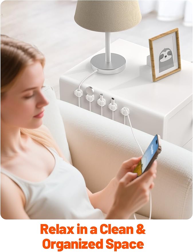 Cable Clips,12Pack Cord Holder Cord Organizer [1s Lock & Strongest Adhesive] Spring Cord Clips Phone Charger Wire Desk Cable Management Nightstand Home Office School Decor Women Cute Desk White