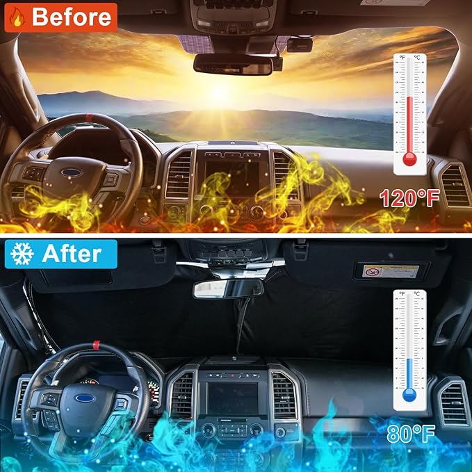 PIMCAR Windshield Sunshade for Ford F-150 2015-2020 | Premium 310T Reflective Polyester UV & Heat Blocker | Reduces Interior Temperature, Foldable with Storage Pouch