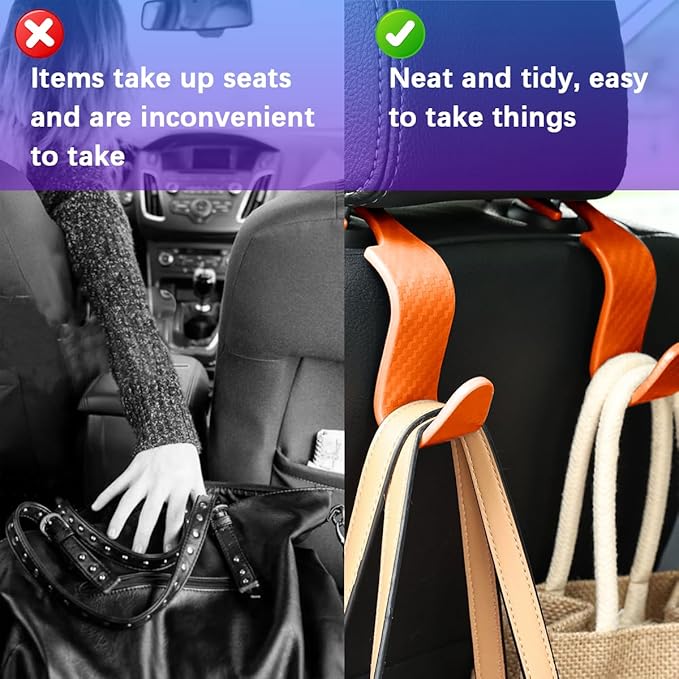 Car Seat Headrest Hooks, 4PCS Carbon Fiber Vehicle Back Seat Storage Hanger Holder for Hangbag Coat Grocery, Automotive Interior Headrest Hook Organizer, Universal for Vehicles (Orange)