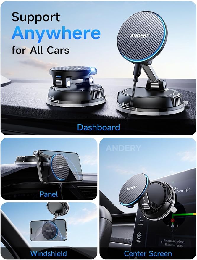 ANDERY Only for iPhone Magsafe Car Mount Charger [15W Wireless Faster Charging, 78+LBS Strongest Suction, 2400gf Strongest Magnetic] 360° Adjustable Car Phone Holder for All Smartphones & Cars