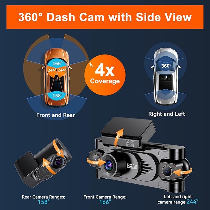 4K 360° Dash Cam for Cars, 4 Channel Front Rear Inside with 128GB Card, Super Night Vision, Fastest 5.8GHz WiFi GPS, Voice Control, 24/7 Parking Mode, Loop Recording Ideal for Uber & Lyft