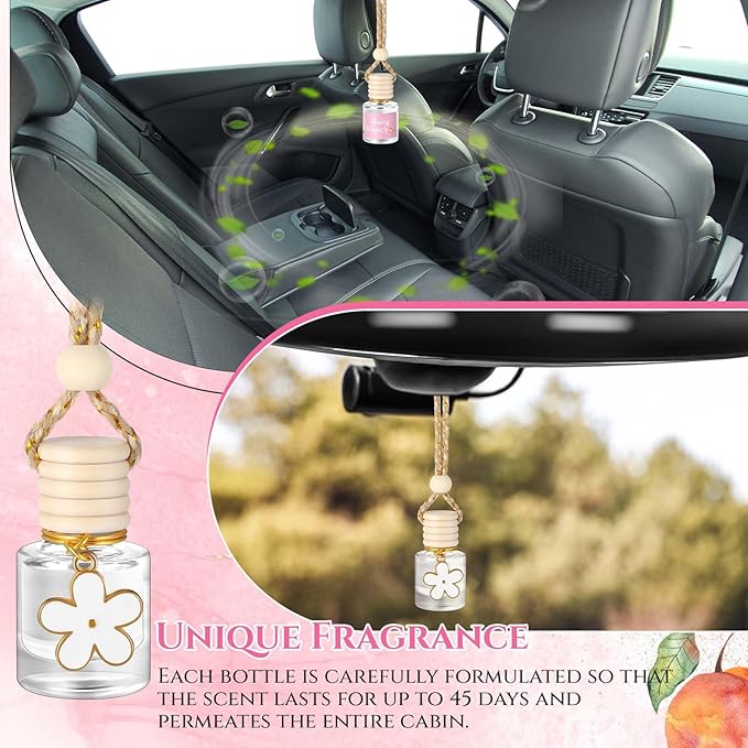 Siifert 2 Sets Hanging Car Air Freshener and Essential Oil Diffuser, Car Air Freshener Daisy Essential Oil Diffuser Long Lasting Automobile Aromatherapy(White,Juicy Peach)