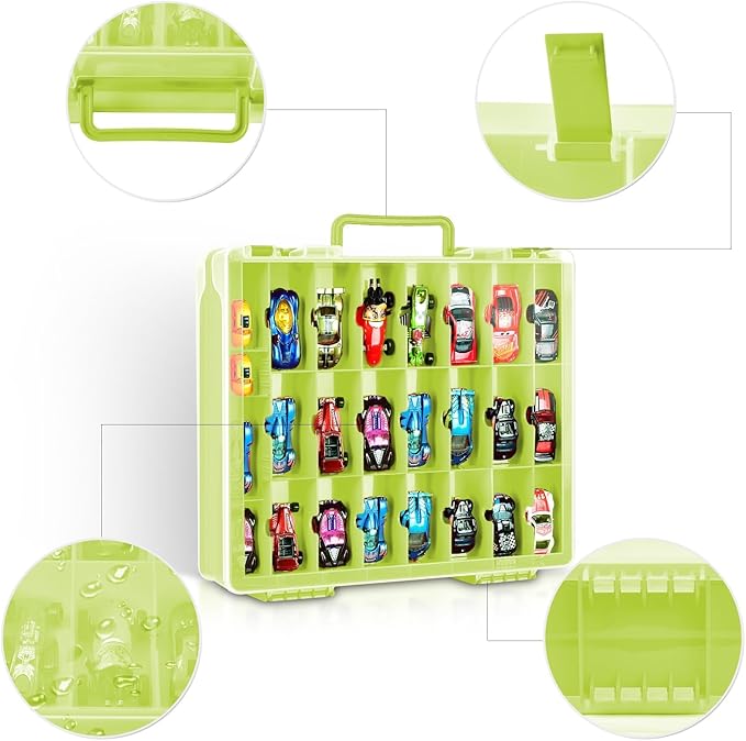 FULLCASE Toys Organizer Storage Compatible with Hot Wheels Car, Container for Matchbox Cars, Mini Toy, Small Dolls, Double Sided Carrying Box for Hotwheels - 48 Compartments (Case Only) Green