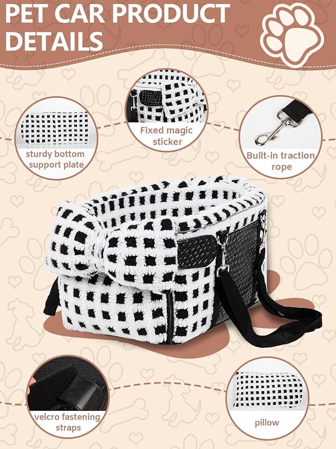 Prpeko Portable Dog & Cat Car Seat - Center Console Booster Seat with Pillow (Grid-White, Under 13 lbs)