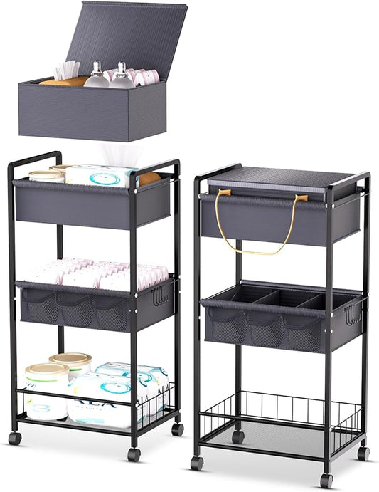 Baby Diaper Caddy Organize-3 Tier RollingDiaper Cart Newborn essentials Diaper2In1 Caddy With Dividers & Removable Diaper Caddy for Nursery Storage Bin CartBedroomBedsideChanging Table & Crib
