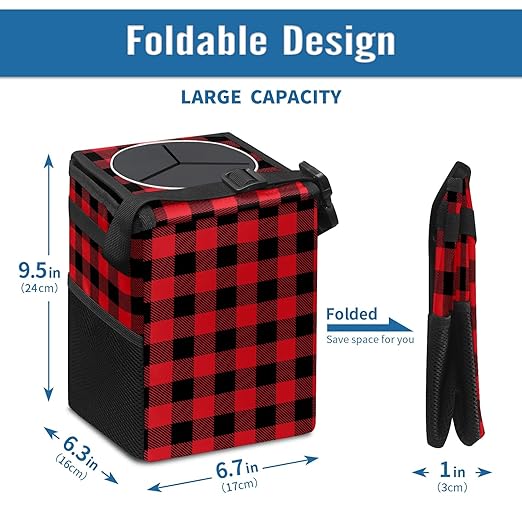 Red and Black Buffalo PlaidCar Trash Can with Lid Collapsible Reusable Waterproof Car Garage Bag,Automotive Garbage Can,Car Accessories Interior Car Organizer