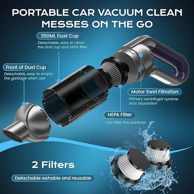 Cordless Handheld Vacuum, Portable Car Vacuum with LED Light,Rechargeable Small Vacuum Cleaner with Powerful Suction,Lightweight Vacuum Cleaner for Car Home Office Pet Hair,Grey
