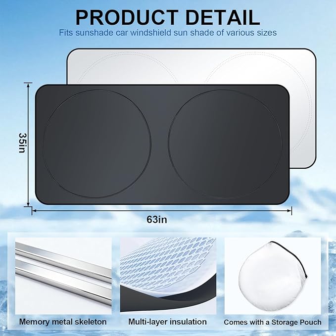 JUSTTOP Car Sun Shade Windshield - Foldable Sun Car Window Shield 300T Coated Silver Cloth Reflective Polyester Material Blocks 99% UV Rays, Fits Most Windshields(Large63 x 35 in)