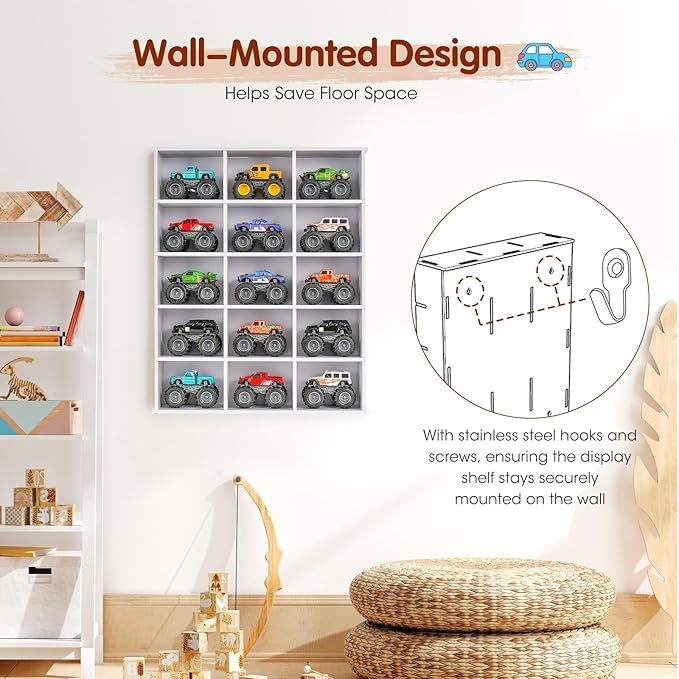 Trucks Display Shelf, 15 Slot Toy Cars Display Case, Wall Mounted Toy Truck Storage Organizer Holder