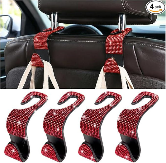 4PCS Bling Car Seat Headrest Hooks, Crystal Rhinestone Vehicle Purse Handbag Coat Hangers Holder, Automotive Interior Storage Organizer Accessories for Women Girls, Universal Fit (Red)