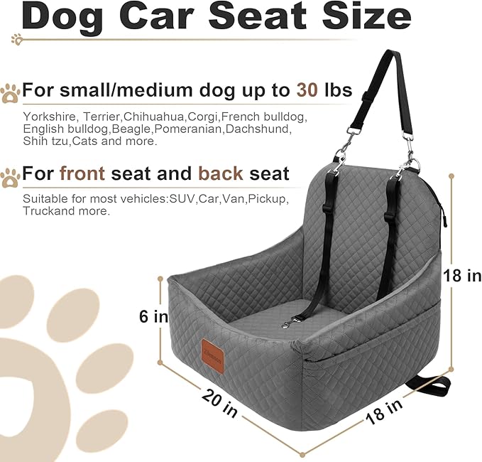 Car Dog Seat with 2 Safety Leashes,Dog Booster Seat for Small Medium Dogs 0-28lbs,Pet Car Travel Safety Bed with Storage Pockets,Non-Slip Bottom,Fully Detachable and Easy to Install(S1-Grey)