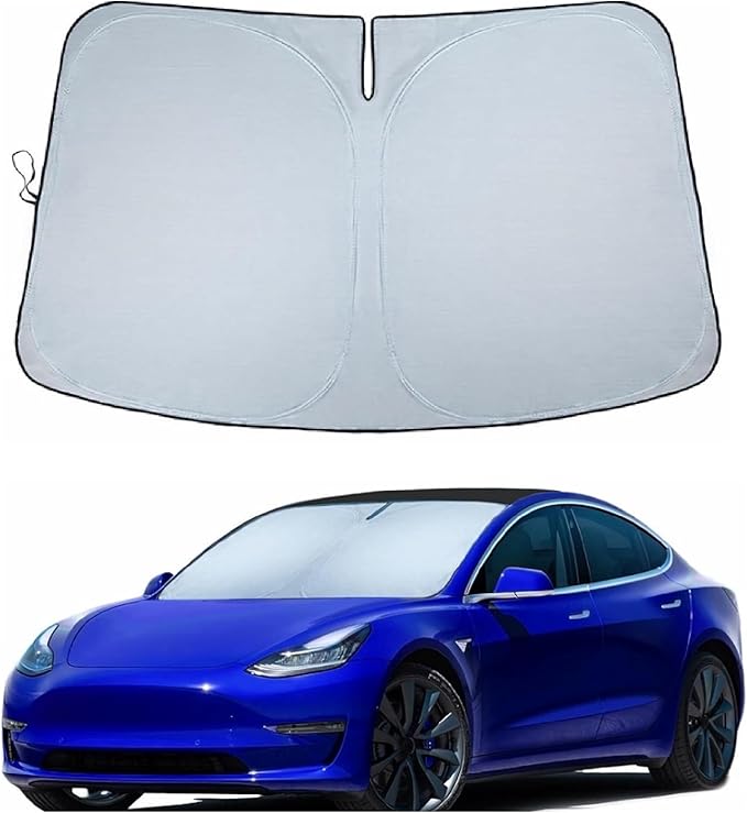 Windshield Sun Shade for Tesla Model Y & Model 3 – Custom Fit Front Window Sunshade, Blocks 99% UV & Heat, Reflective, Mirror Cut-Out Design, Foldable & Fade-Resistant, Keeps Interior Cool