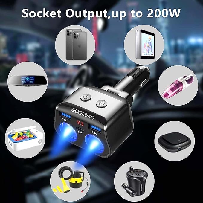 EUGIZMO Dual Car Charger Adapter, 200W Double Cigarette Lighter Adapter Outlet Dual Cigarette Lighter Plug Splitter USB Charger 12V Cigarette Lighter Socket Plug Splitter 2 Socket for Car