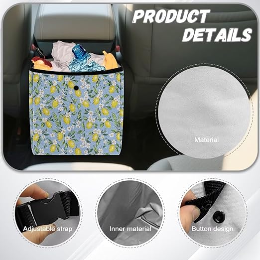 Lemon Floral Car Trash Can Cute Leakproof Car Garbage Bag Hanging Trash Bin Automotive Garbage Cans for Back/Front Seat/Console Car Accessories(Blue)