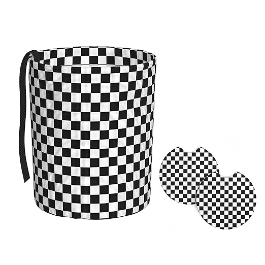 Car Trash Bag Chessboard Hanging Back of Seat Car Portable Trash Bag Chessboard Waterproof One-Handed Portable Strap Drawstring Garbage Bags with 2 Pieces Car Coasters