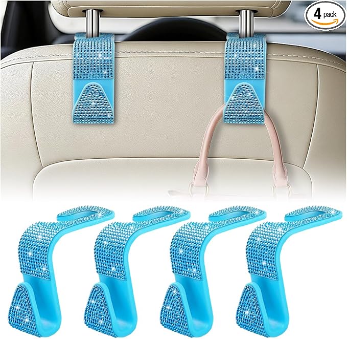 HZEL Bling Car Seat Headrest Hooks, 4PCS Crystal Rhinestone Vehicle Seat Back Hanger Holder for Purses Bag Handbags, Diamond Headrest Storage Organizer, Universal Auto Accessories (Lake Blue)