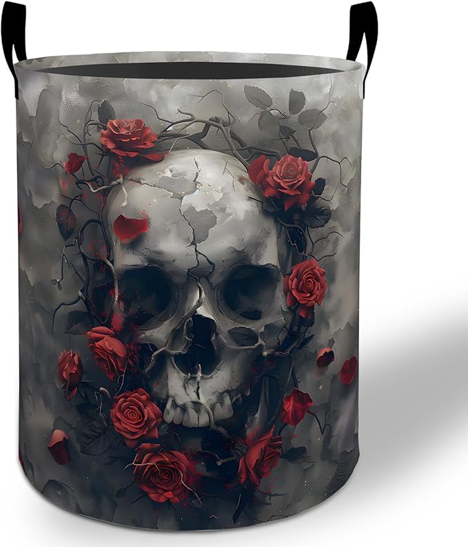 Skull Rose Laundry Basket Hamper 19.7"x15.8", Gothic Foldable Waterproof Oxford Clothes Storage Bucket for Room Bathroom Bedroom Nursery Decor, Toy Organizer Bins Gifts for Kids Boys Girls