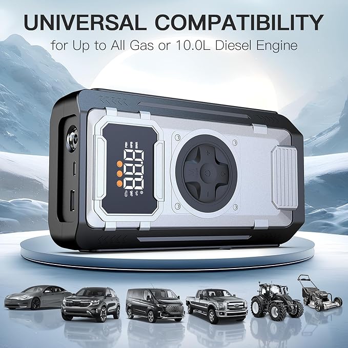 6000A Jump Starter with Air Compressor,150PSI Car Battery Tire Inflator (All Gas/10.0L Diesel Engines),12V Car Battery Jump Box with Jumper Cables, LCD Display, LED Light,Power Bank
