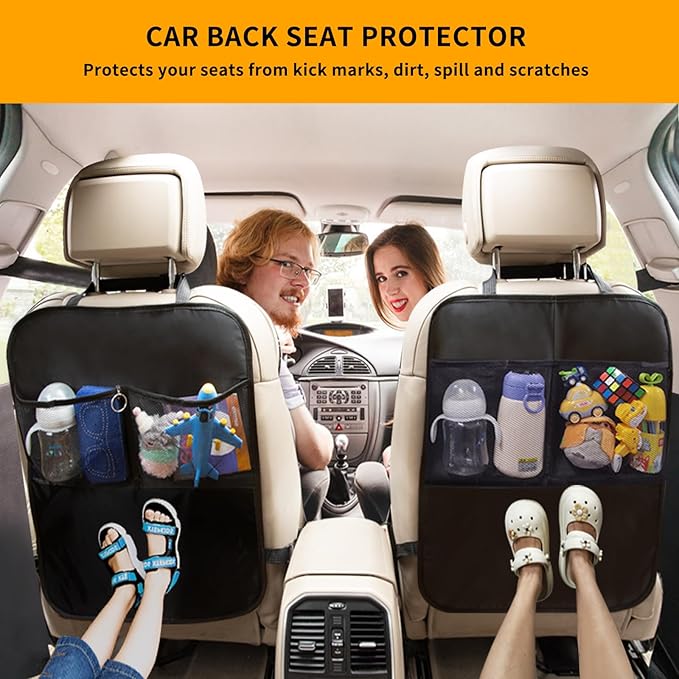 2 Pack Kick Mat Backseat Protector,Back Seat Cover for Kids,Car Seat Back Protectors with 2 Pocket Storage Organizer for Car, SUV, Minivan or Truck Seats (Black)