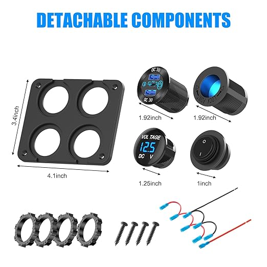 12 Volt USB Outlet RV Accessory 12V Marine Switch Panel, Dual PD30W and QC18W Car USB Port Aluminum Charger, Lighted 150W Cigarette Lighter Socket, Blue LED Voltmeter and Rocker Switch, 4 IN 1 DIY Kit