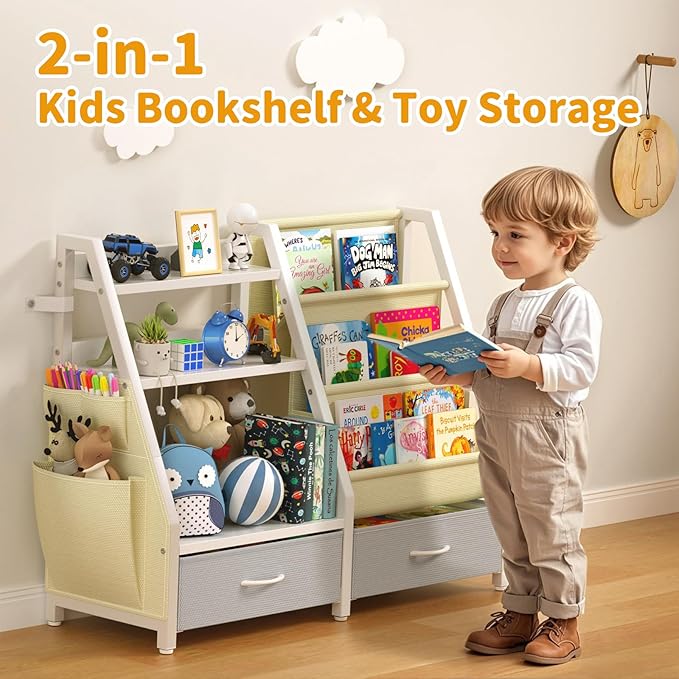 Kids Bookshelf and Toy Organizer, Sturdy 3 Tier Kid Bookcase, Sling Bookshelf and 2 Toy Bins, Toddler Montessori Book Shelf with Toy Storage Organizer for Children Room, Playroom, Nursery