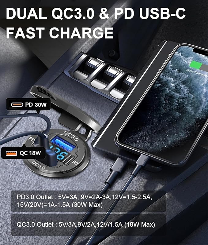 2Pack 78W Quad-Port 12V USB Outlet - Dual QC3.0 & PD3.0 Quick Charge Car Charger Socket with Voltmeter, Aluminum Alloy Waterproof USB C Port for Car Boat Marine Motorcycle RV Truck ATV Golf Cart