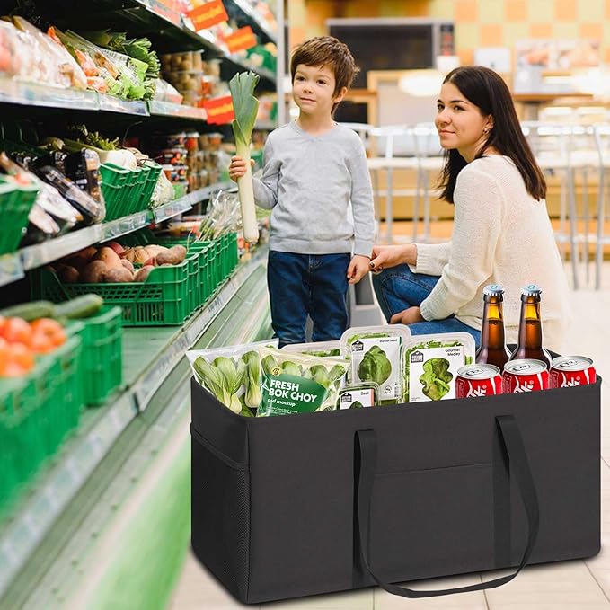 LHZK Standing Extra Large Utility Tote Bag with Metal Wire Frame and the Sides Rinforced, Extra Large Tote Bag with Handle, Reusable Grocery Bags Foldable, Beach Bag, Car Tote (Black)