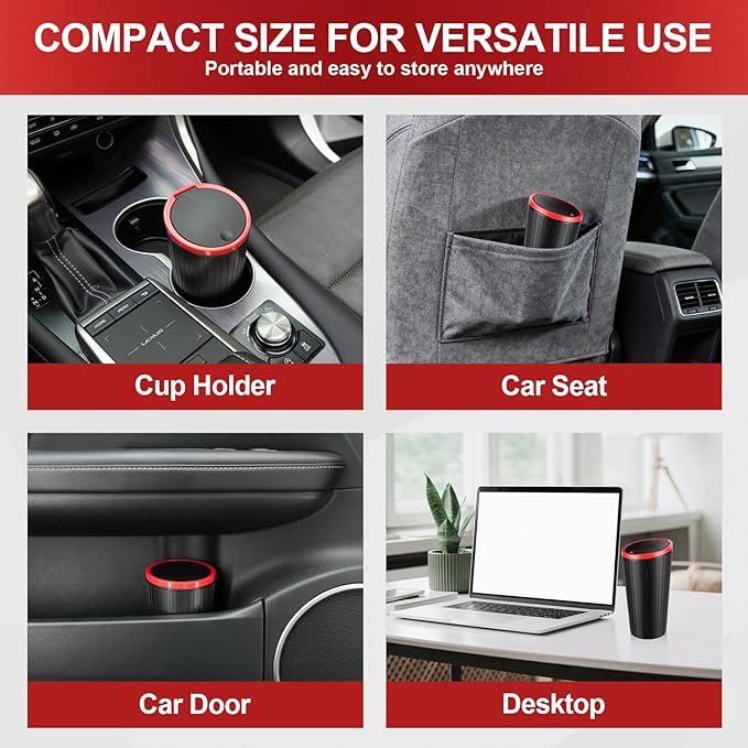 SINGARO 2PCS Car Trash Can with Lid, Leakproof Mini Garbage Bin for Car Cup Holder, Small Trash Can for Vehicle, Home & Office - Includes 60 Bags, Easy Clean (Black-Red)
