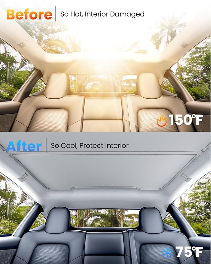 REEVAA Upgraded Tesla Model Y New (Juniper) Sunshade Roof [No Gaps, No-Sagging] Tesla Y Accessories Heat Insulation Foldable Glass Sunroof Cover for Model Y Juniper 2025-2026, 2PCS, Gray
