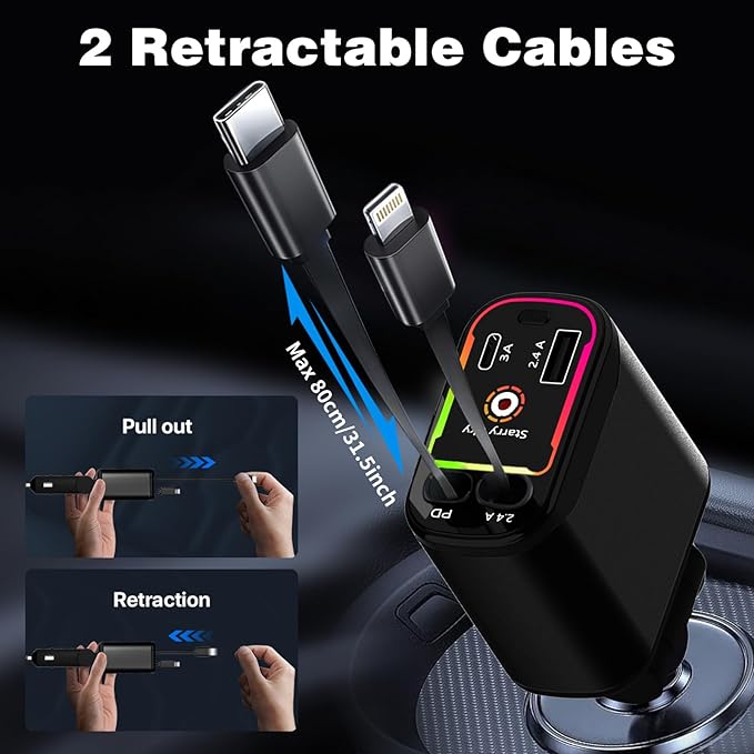 Starlight Retractable Car Charger,66W Fast Car Chargers Adapter 4 in 1 with 2 USB Car Chargers for Phone iPhone 16/15/14/13/12/11 and for Android - Black