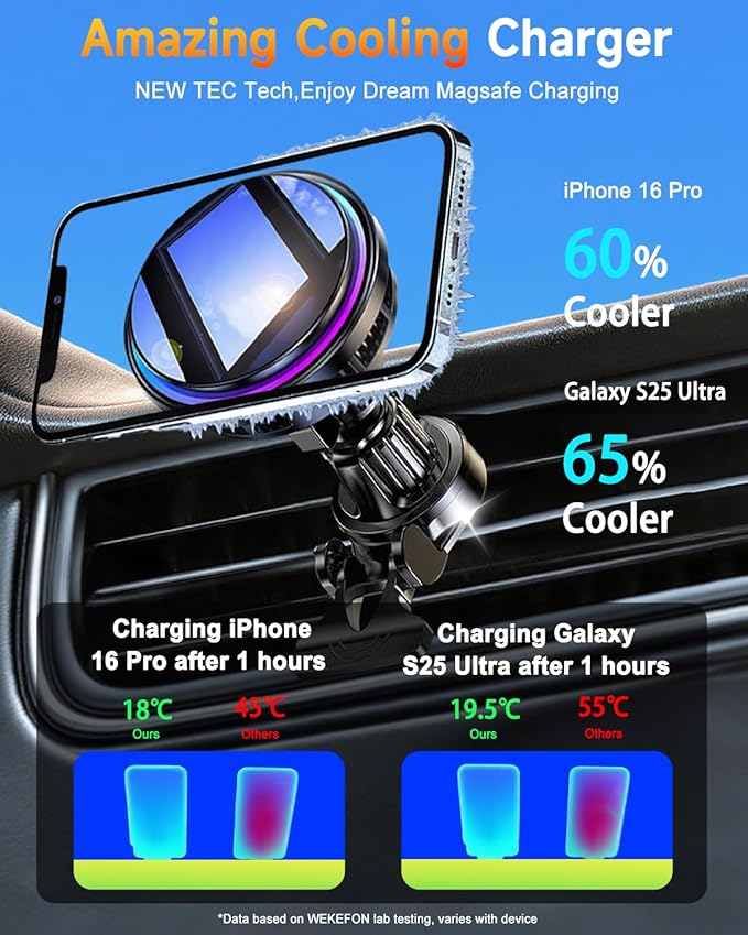 TEC & Fan Dual Cooling Magnetic Wireless Car Charger, For Magsafe Car Mount Charger, Air Vent 15W Fast Wireless Charging Car Phone Holder Bracket for iPhone 17 16 15 14 13 12, for Samsung ＆ Android