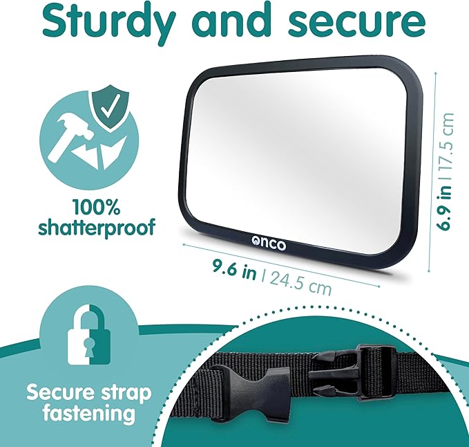 Onco Baby Car Mirror Rear Facing - Double Award-Winning Convex Car Mirror for Baby, 100% Shatterproof & Shakeproof with 360° Rotation, Newborn Essentials (9.6 x 6.9 in)