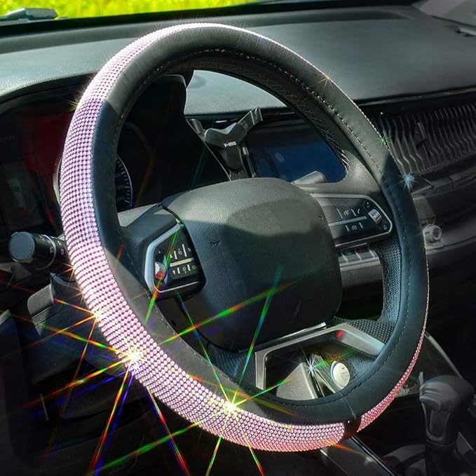 New Diamond Leather Steering Wheel Cover with Bling Bling Crystal Rhinestones, Universal Fit 15 Inch Car Wheel Protector for Women Girls,Pink & White Diamond