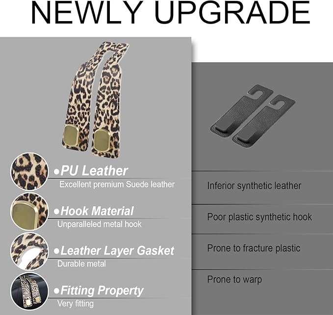 Purse and Bag Hook for Car, Zinc Alloy Seat Headrest Hooks, Upgraded Leather Car Seat Back Purses Hanger and Bags Holder (Leopard, 2Pack)