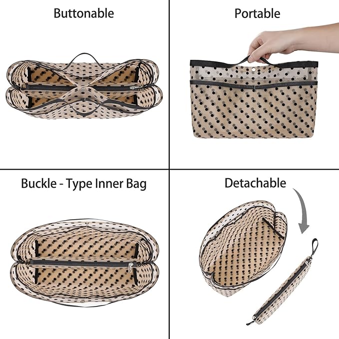 ZTUJO Purse Organizer Insert For Handbags,Mesh Bag Organizer Insert With Zipper Bag Tote Shaper Fit Speedy Neverful PM MM le Pliage,Light Weight (Brown polka dots Beige, X-Large)