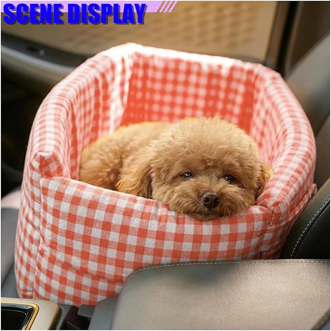 Craedli Center Console Dog Car Seat, Removable Car Armrest Box Pet Booster Seat with Safety Leash & Cushion, Washable Auto Interior Dog Carseat for Small Pets, Fit Most Cars (Pink)