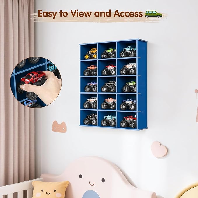 Trucks Display Shelf, 15 Slot Toy Cars Display Case, Wall Mounted Toy Truck Storage Organizer Holder, Blue