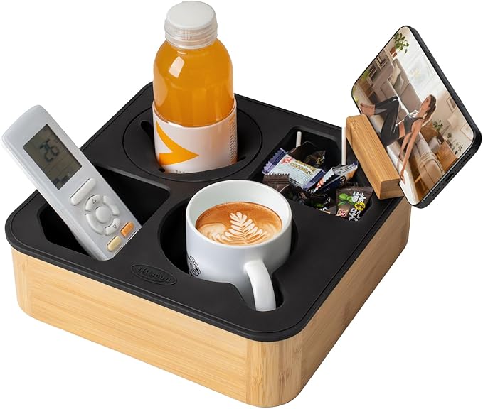 Couch Cup Holder Tray, Bamboo Couch Caddy with Rotatable Phone Holder for Bed Organizer, Waterproof Anti-spill Sofa Cup Holder for Snacks Beverage Remote Black