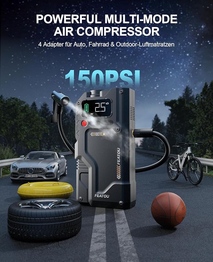 Jump Starter with Air Compressor, 5 in 1 Functional Jump Box 5500A Peak Power Pack with 150PSI Digital Tire Inflator, Portable Car Charger Jumper for 9.0L Gas or 7.5L Diesel