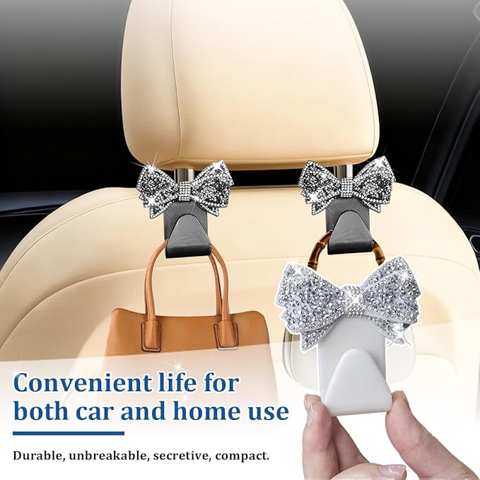 2PCS Bling Bow Car Seat Headrest Hook, Lovely Crystal Rhinestone Back Seat Storage Organizer for Handbag Purse Coat, Girly Sparkling Diamond Backseat Bag Hanger Holder, Universal Fit (Black)