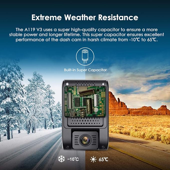 VIOFO A119 V3 2K Dash Cam 2560x1440P Quad HD+ Car Dash Camera, Ultra Clear Night Vision, 140-Degree Wide Angle, GPS Included, Buffered Parking Mode, True HDR, Motion Detection (Renewed)