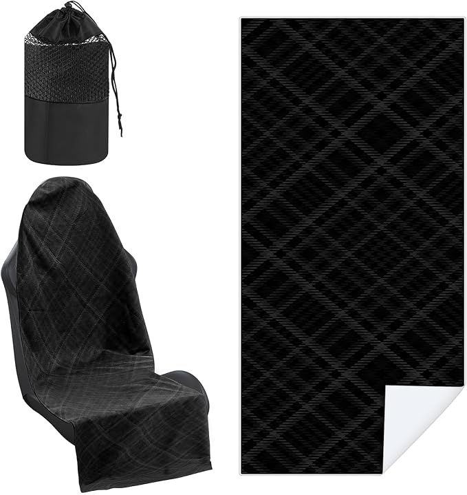 Hahafelt 1 Pack Car Seat Towel Covers with Storage Bag 63 x 32 Inch Athletic Running Towel Seat Sweat Washable Non Slip Cover Gift for Car Outdoor Sport Activities (Black Plaid)