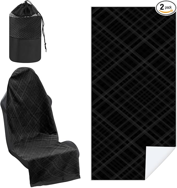 Hahafelt 2 Pack Car Seat Towel Covers with Storage Bag 63 x 32 Inch Athletic Running Towel Seat Sweat Washable Non Slip Cover Gift for Car Outdoor Sport Activities (Black Plaid)